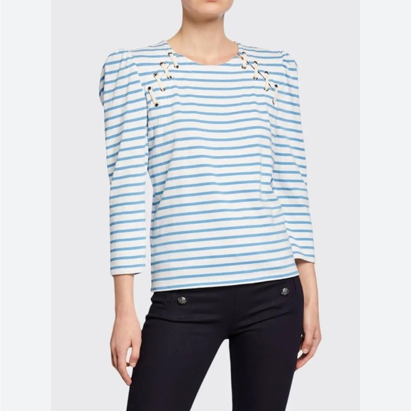 Veronica Beard Womens Eli Baseball Blouse Tee Blue Striped Large Puff Sleeves - Picture 1 of 5
